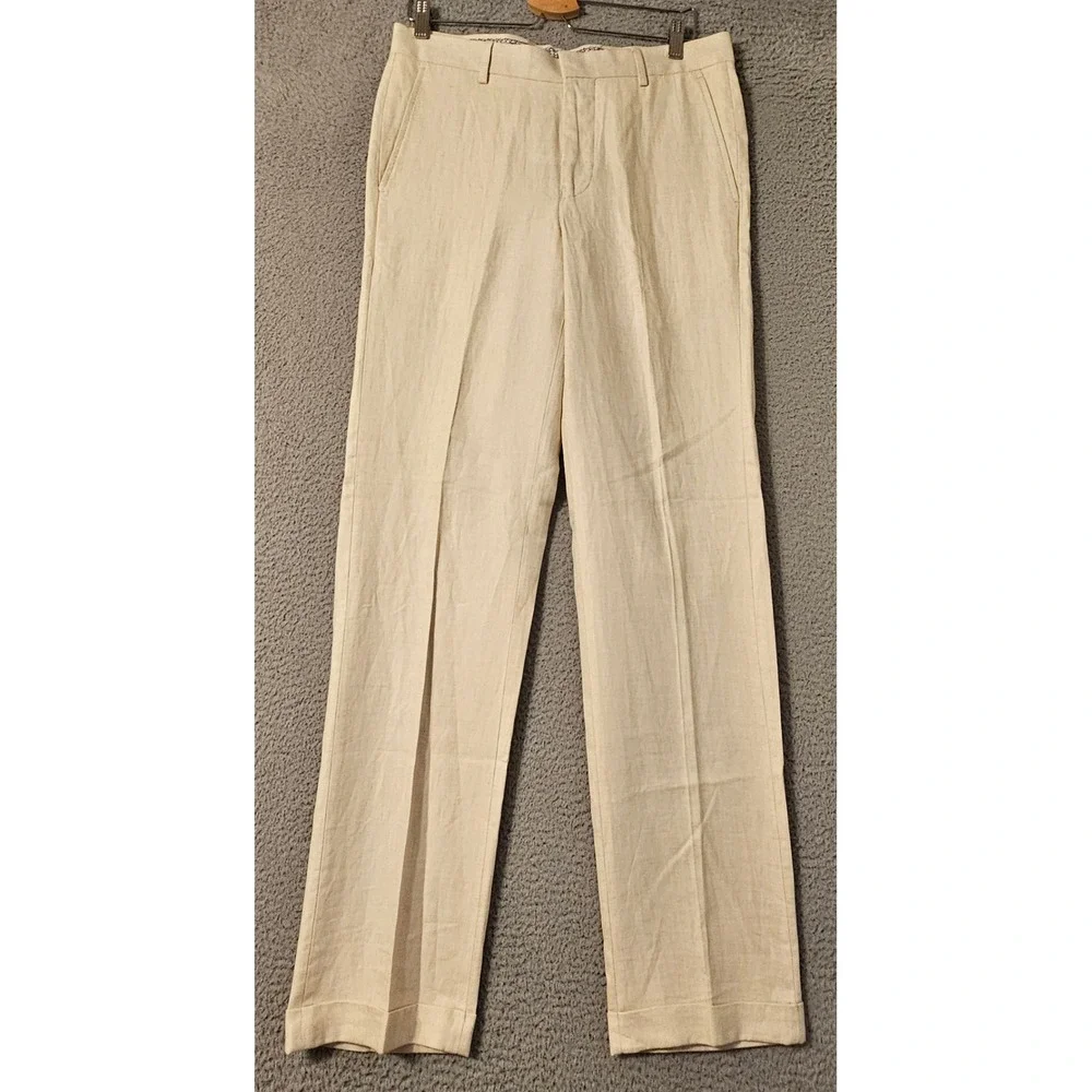 Murano Slim Fit Baird McNutt Linen Cotton Dress Pants Mens 32x34 Cream Trousers